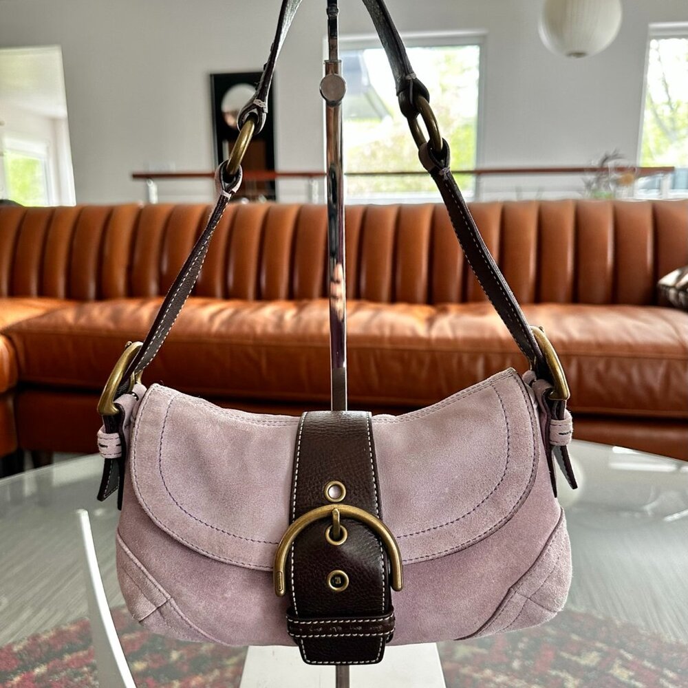 COACH Lilac Lavender Suede & Brown Leather Soho Mini Baguette Shoulder Bag